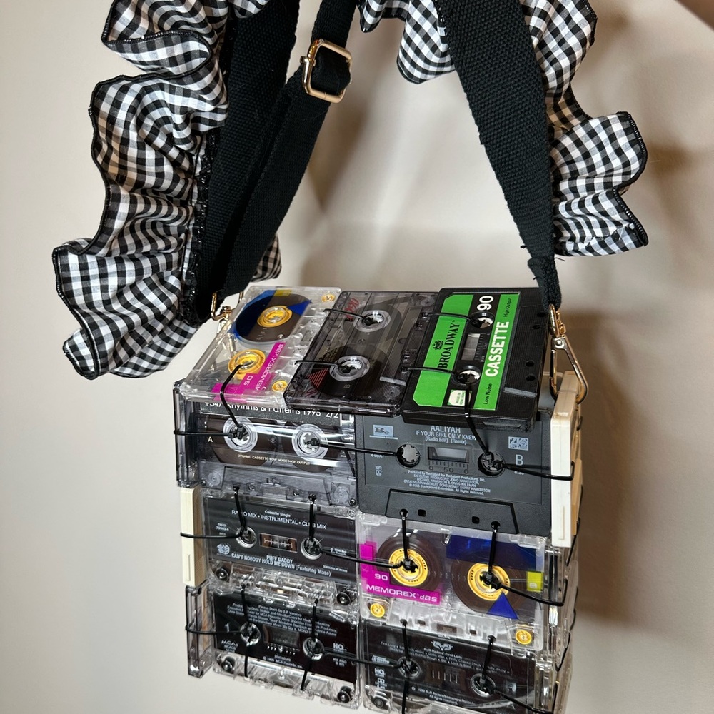 Cassette Tape Shoulder Bag with Gingham Ruffle Strap